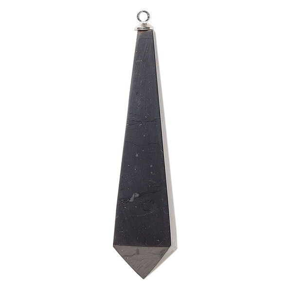Focal, shungite (natural) and silver-finished brass, 55x14mm tapered point, B grade, Mohs hardness 3-1/2 to 4. Sold individually. image number 0