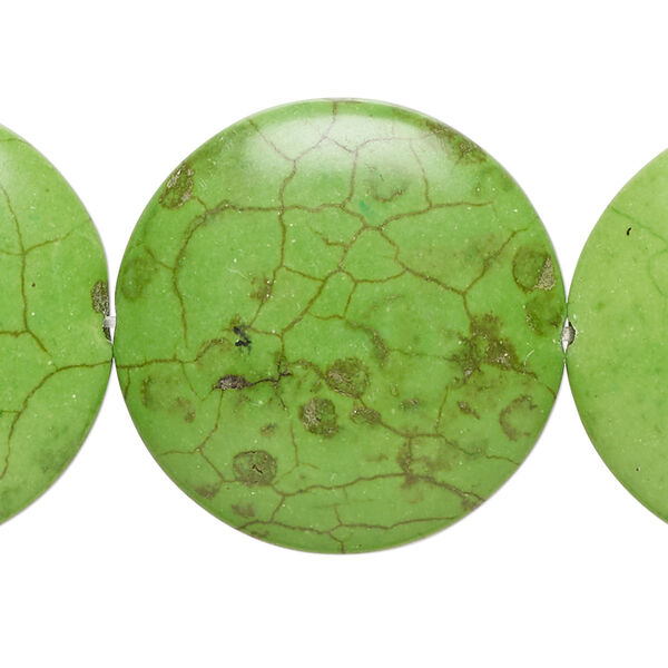 Bead, "turquoise" (resin) (imitation), green, 30mm puffed flat round. Sold per 6-inch strand, approximately 6 beads. image number 0