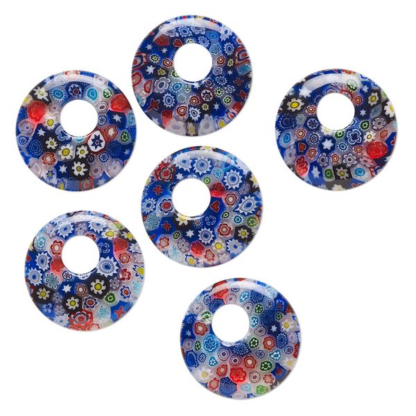 Component, millefiori glass, translucent multicolored, 18-21mm undrilled go-go with flower design. Sold per pkg of 6. image number 0