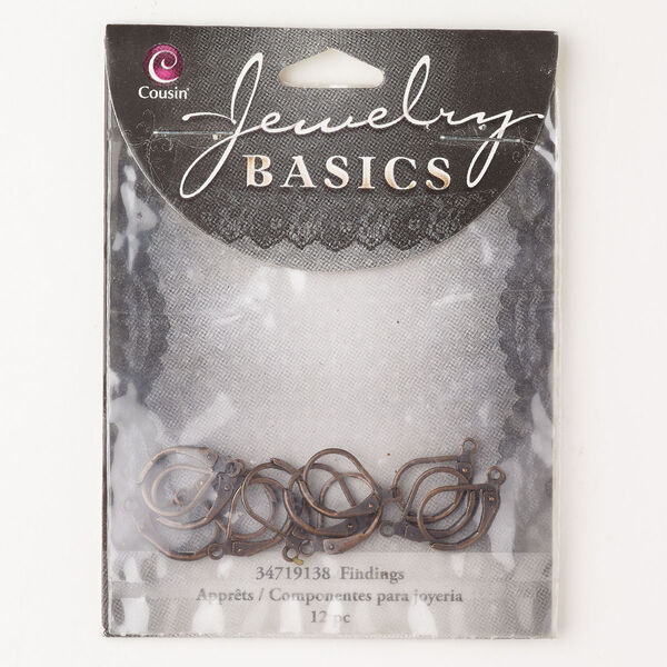 Ear wire, brass, pkg/6 pairs, antique copper finish, 16mm leverback with open loop, 21 gauge. image number 0