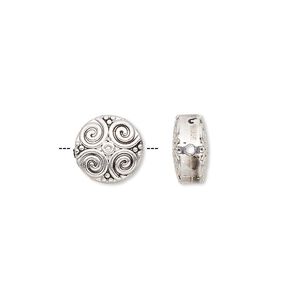 Bead, antique silver-finished "pewter" (zinc-based alloy), 10mm double-sided flat round with spiral design. Sold per pkg of 10.