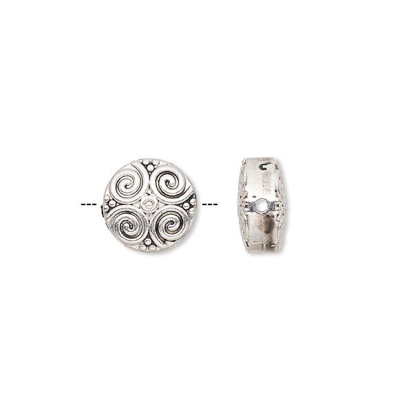 Bead, antique silver-finished "pewter" (zinc-based alloy), 10mm double-sided flat round with spiral design. Sold per pkg of 10. image number 0
