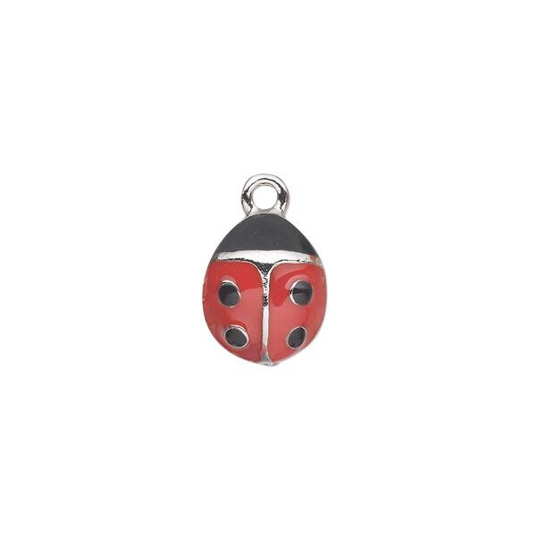 Charm, antiqued pewter (tin-based alloy) with enamel, red, 12x10mm single-sided ladybug. Sold individually. image number 0