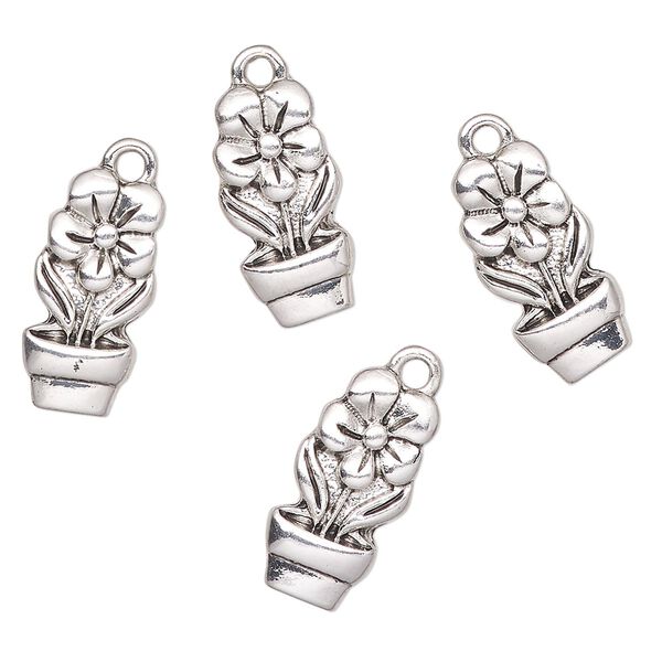 Charm, antique silver finish "pewter" (zinc-based alloy), 18x9mm flower pot with flower. Sold per pkg of 4. image number 0