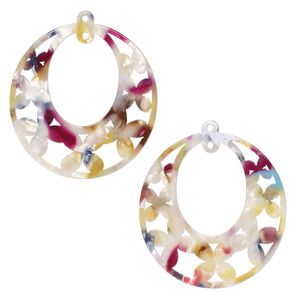 Focal, resin, multicolored, 40x38mm oval go-go with flowers and loop. Sold per pkg of 2.