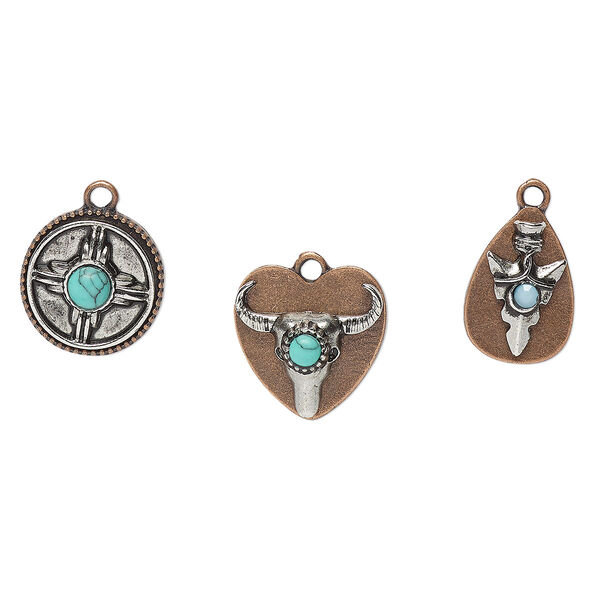 Drop mix, antique silver-finished "pewter" (zinc-based alloy) and acrylic, blue turquoise, 14.5mm round with cross / 15.5mm single-sided heart with steer skull / 16x11mm single-sided teardrop with arrowhead. Sold per 3-piece set. image number 0