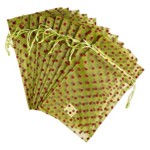 Pouch, flocked organza, green and red, 10x6 inches with dots pattern and drawstring closure. Sold per pkg of 12.