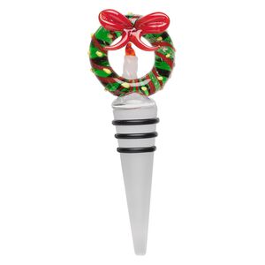 Bottle stopper, lampworked glass and rubber, multicolored, 4-3/4 x 2 inches with wreath. Sold individually.