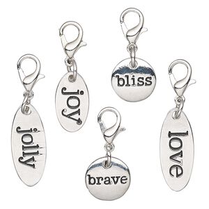 Drop, Charmed, enamel and imitation rhodium-finished "pewter" (zinc-based alloy), black, 12mm-22.5x9mm assorted shape with affirmation / 6mm jump ring / lobster claw clasp. Sold per 5-piece set.