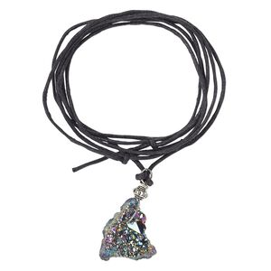 Druzy agate / "pewter" (zinc-based alloy) / steel 1pkg1, rainbow freeform necklace adjustable 16-32 inch 25x15mm-34x21mm