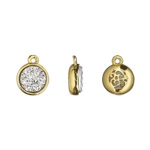 Drop, Druzylite™, "druzy" (resin) and gold-finished brass, silver, 9.5mm two-sided round with open filigree back. Sold per pkg of 4.