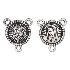 Connector, TierraCast®, antique silver-plated pewter, 16.5mm 2-sided rosary round with Our Lady and rose. Sold per pkg of 20.