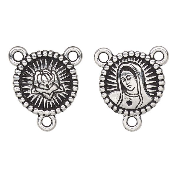 Connector, TierraCast®, antique silver-plated pewter, 16.5mm 2-sided rosary round with Our Lady and rose. Sold per pkg of 20. image number 0