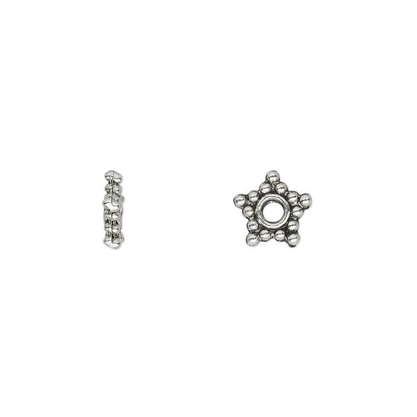 Bead, antique silver-plated "pewter" (zinc-based alloy), 8x2mm beaded star rondelle. Sold per pkg of 100. image number 0