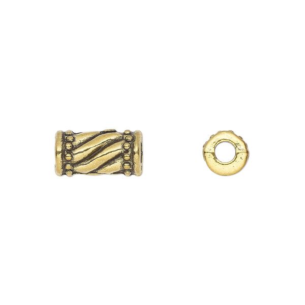 Bead, antique gold-finished "pewter" (zinc-based alloy), 10.5 x 5.5mm round tube with beaded twisted design. Sold per pkg of 20. image number 0