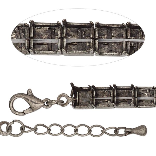 Bracelet component, antique silver-finished brass and steel, 6mm wide cupchain with (30) SS29 rivoli settings, 8 inches with 1-inch extender chain and lobster claw clasp. Sold individually. image number 0