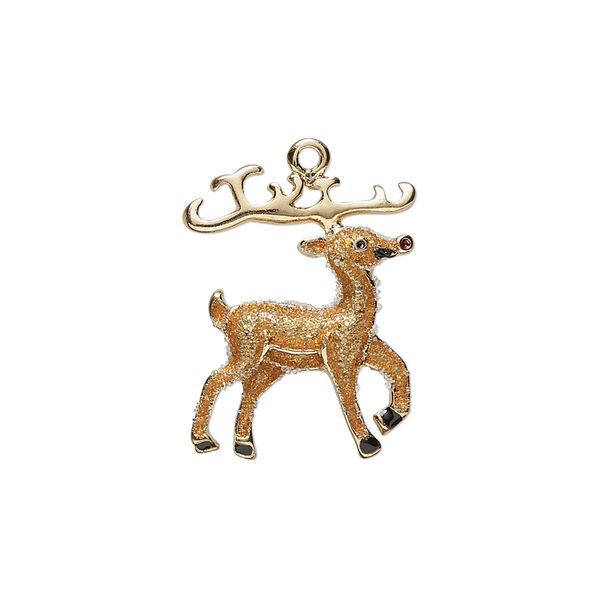 Charm, enamel and gold-finished "pewter" (zinc-based alloy), brown / red / black with glitter, 24x17.5mm single-sided reindeer. Sold individually. image number 0