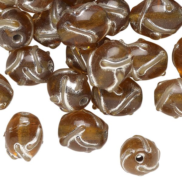 Bead, lampworked glass, translucent brown and silver, 11x9mm oval with swirl design. Sold per 2-ounce pkg, approximately 40 beads. image number 0