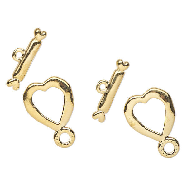 Clasp, toggle, gold-finished brass, 24x22mm heart. Sold per pkg of 2. image number 0