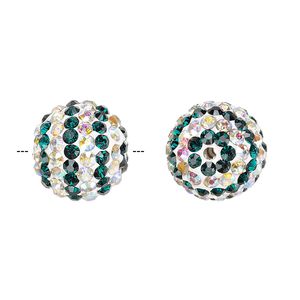 Bead, Egyptian glass rhinestone / epoxy / resin, white / dark green / clear AB, 14mm round with pavé striped design. Sold individually.