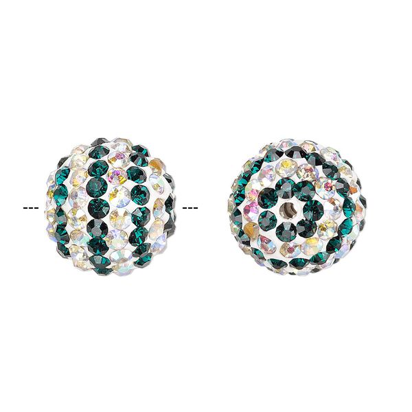 Bead, Egyptian glass rhinestone / epoxy / resin, white / dark green / clear AB, 14mm round with pavé striped design. Sold individually. image number 0
