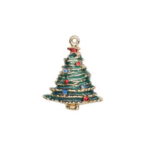 Charm, gold-finished "pewter" (zinc-based alloy) and enamel, green / red / blue, 20x19mm single-sided Christmas tree. Sold per pkg of 2.