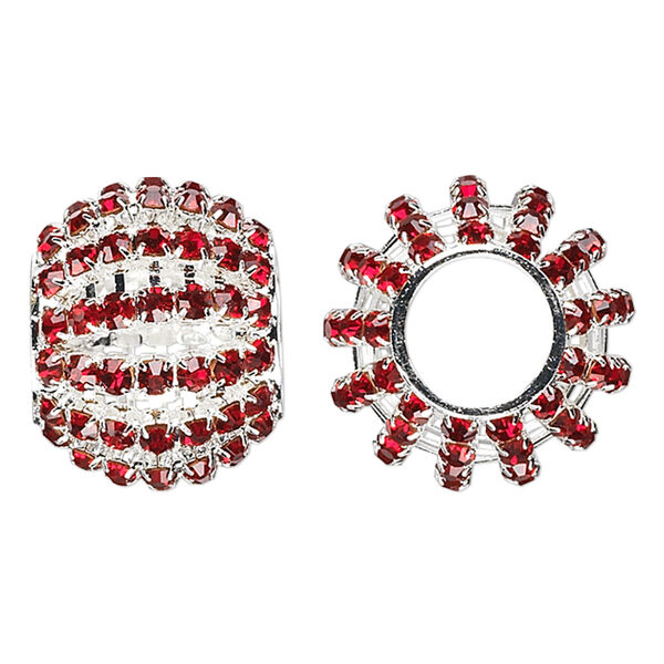 Bead, glass rhinestone and silver-finished brass, ruby red, 25x20mm barrel with 3mm chatons, 11.5mm hole. Sold individually. image number 0