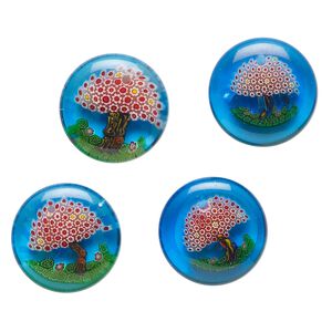 Drop, millefiori glass, translucent multicolored, 17-20mm top-drilled puffed flat round with tree and flower design. Sold per pkg of 4.