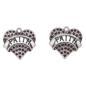Charm, antique silver-finished enamel "pewter" (zinc-based alloy) and glass, red and black, 24x23mm heart with "Faith". Sold per pkg of 2.