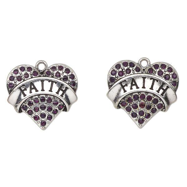Charm, antique silver-finished enamel "pewter" (zinc-based alloy) and glass, red and black, 24x23mm heart with "Faith". Sold per pkg of 2. image number 0