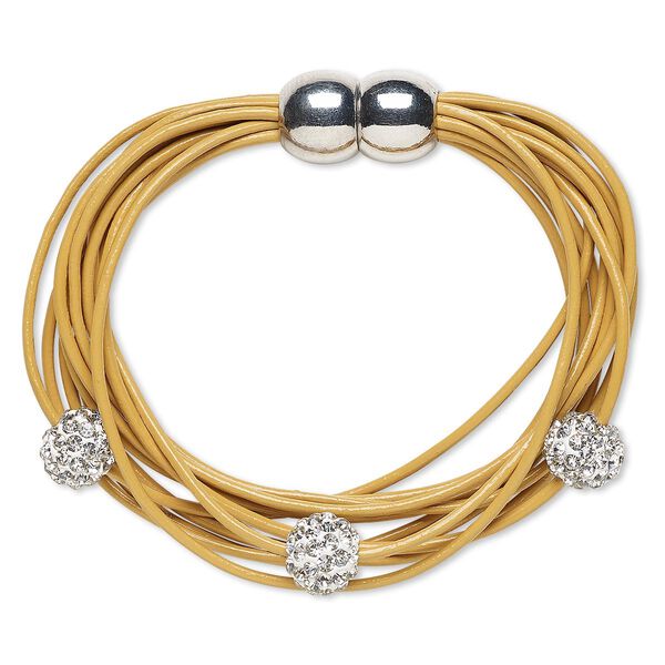 Bracelet, 10-strand, leather (dyed) / glass rhinestone / silver-plated "pewter" (zinc-based alloy), tan and clear, 10mm round, 6 inches with magnetic clasp. Sold individually. image number 0