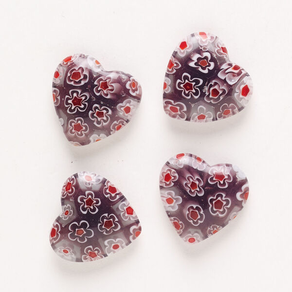 Bead, millefiori glass, pkg/4, translucent purple/red/white, 18-20mm half-drilled puffed heart. image number 0