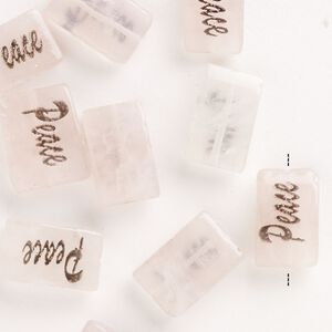 Rose quartz / enamel 1pkg10, "Peace" flat rectangle bead 13x8mm