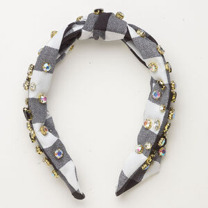 Headband 1pkg1, cloth / gold-finished stainless steel / acrylic / rhinestone, black / white / clear AB, 30mm wide, 16 inches.