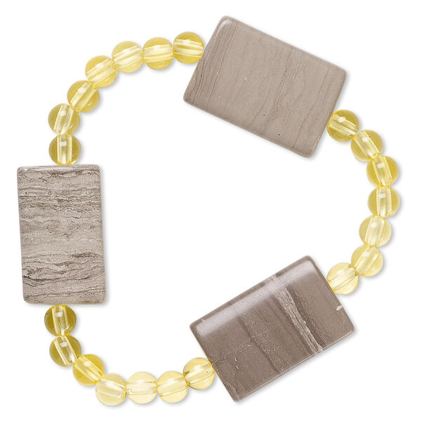 Bracelet, stretch, grey and cream marble (natural) and acrylic, yellow, 5mm round and 25x15mm-26x18mm flat rectangle, 6-1/2 inches. Sold individually. image number 0