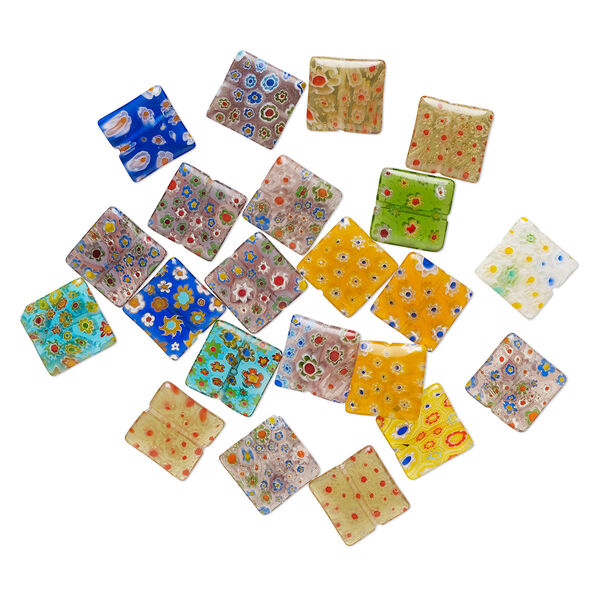 Bead mix, millefiori glass, opaque to transparent multicolored, 18mm puffed square with 0.4-0.6mm hole. Sold per 2-ounce pkg, approximately 20-25 beads. image number 0