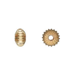 Bead, gold-plated brass, 10x6mm corrugated rondelle. Sold per pkg of 10.