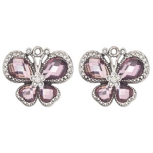 Charm, antique silver-finished "pewter" (zinc-based alloy) and glass, purple and clear, 27x20mm single-sided butterfly. Sold per pkg of 2.