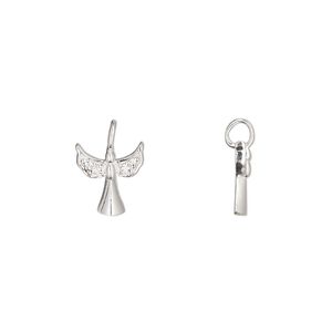 Charm 1pkg1 sterling silver / cubic zirconia 9x8.5mm angel perpendicular loop, clear