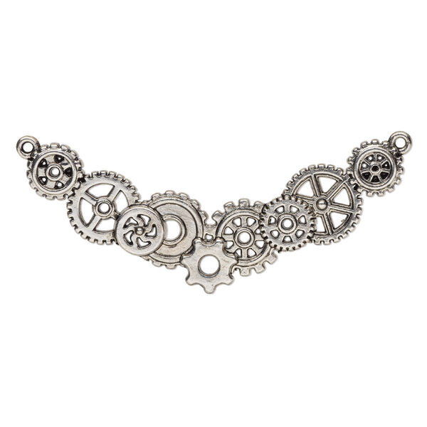 Focal, antique silver-finished "pewter" (zinc-based alloy), 3x1-1/4 inch single-sided with gears and 2 loops. Sold individually. image number 0