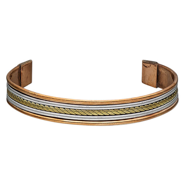 Bracelet, cuff, antiqued copper / brass / aluminum, 11mm wide with twisted wire design, 8-inch adjustable. Sold individually. image number 0