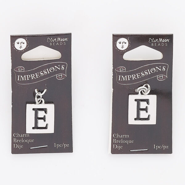 Drop, steel and silver-finished "pewter" (zinc-based alloy), 16x15mm square with cutout alphabet letter "E." Sold per pkg of 2. image number 0