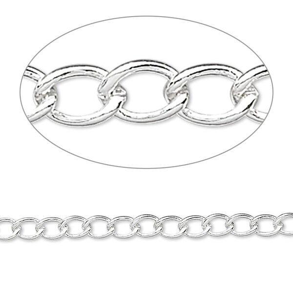 Chain, silver-plated brass, 3.5mm curb. Sold per pkg of 5 feet. image number 0
