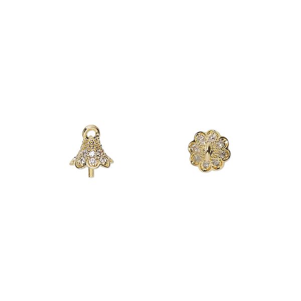 Cup, gold-finished brass and glass rhinestone, clear, 6mm cup with 3mm peg, fits 6-8mm bead. Sold individually. image number 0