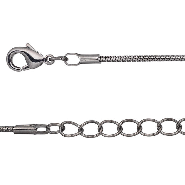 Chain, gunmetal-plated brass, 1mm snake, 7-1/2 inches with 1-1/4 inch extender chain and lobster claw clasp. Sold per pkg of 6. image number 0