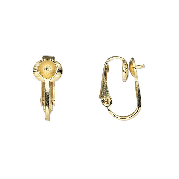 Earring, clip-on, gold-plated steel, 16mm hinged with 5mm grooved cup and peg, fits 5mm bead. Sold per pkg of 5 pairs. image number 0