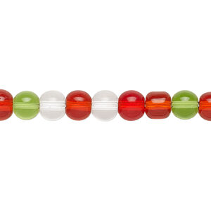 Bead, glass, transparent Christmas tones, 5-6mm round. Sold per 36-inch strand.