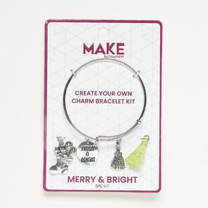 Bracelet and charm assortment, antique silver-finished brass and fabric, green, Merry & Bright theme, 7-1/2 inches. Sold per 5-piece set.