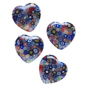 Bead, millefiori glass, translucent multicolored, 18-20mm half-drilled puffed heart with flower design. Sold per pkg of 4.