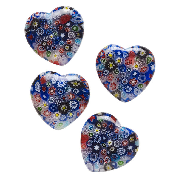 Bead, millefiori glass, translucent multicolored, 18-20mm half-drilled puffed heart with flower design. Sold per pkg of 4. image number 0